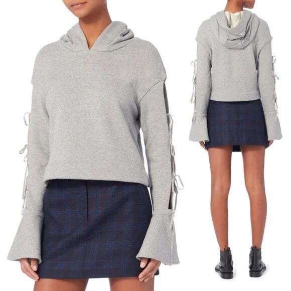Jonathan Simkhai Hoodie Crop Sweatshirt Grey Bow Tie Detail Bell Sleeve Small S - Picture 1 of 7